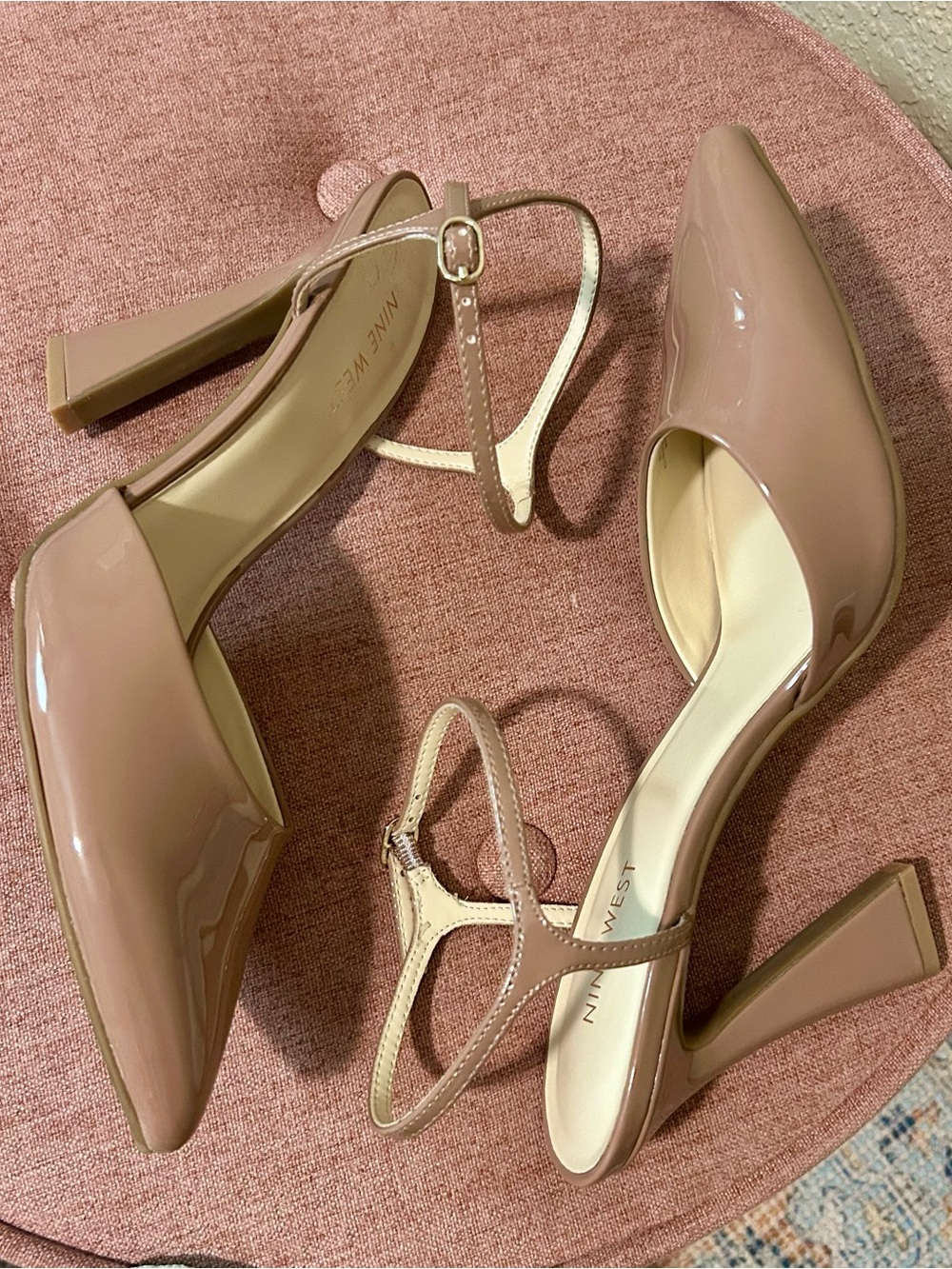 Nine West Blush Patent Block Heel Pumps with Ankle Strap